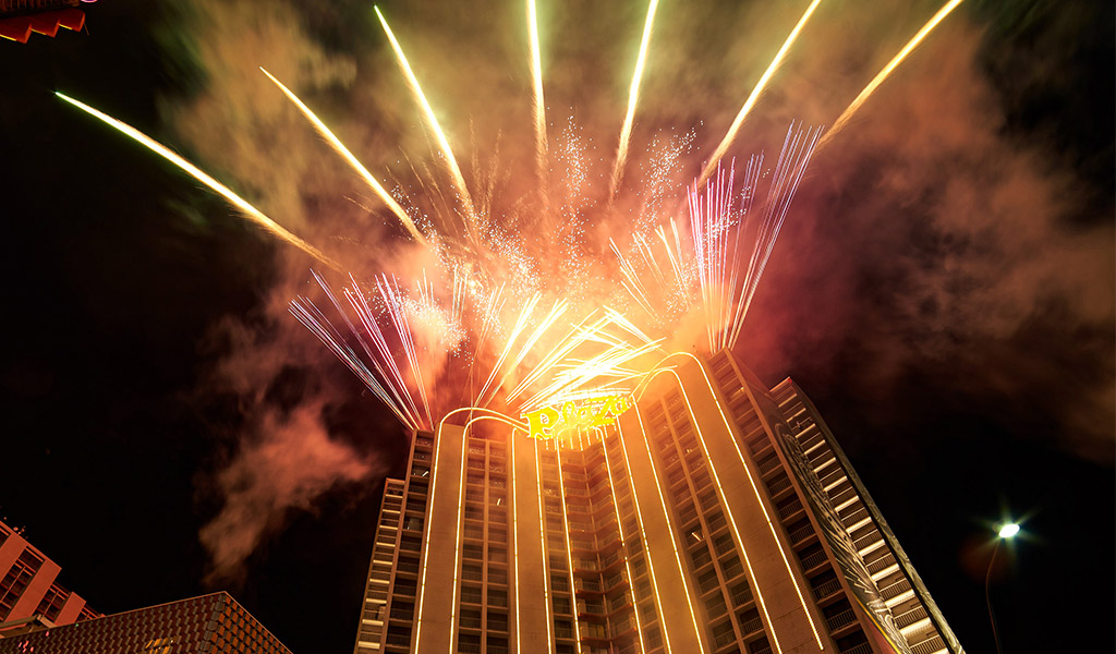 Plaza Hotel Tower with Fireworks at nIght on New Year's Eve 2020